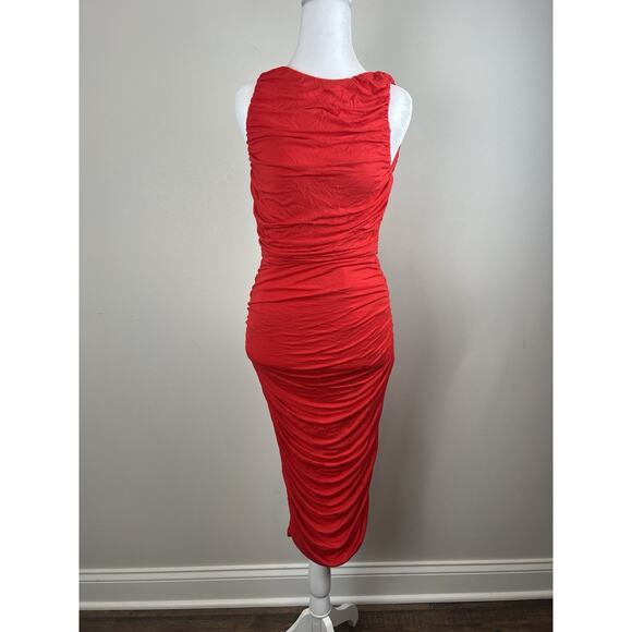 Alice + Olivia Ruched Bodycon Midi Dress Sleeveless Open Low Back Red Sz 4 - Picture 1 of 7